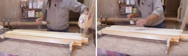Боковые грани заготовок промазывают клеем