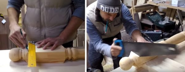 Отмеряют длину ножки и срезают верх балясины